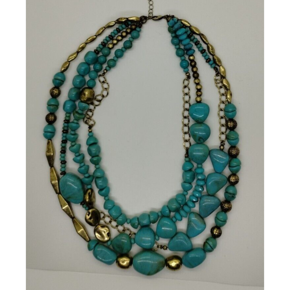SAQ Multi-Layered Stone Beads Statement Necklace - Faux Turquoise - Gold Nugg